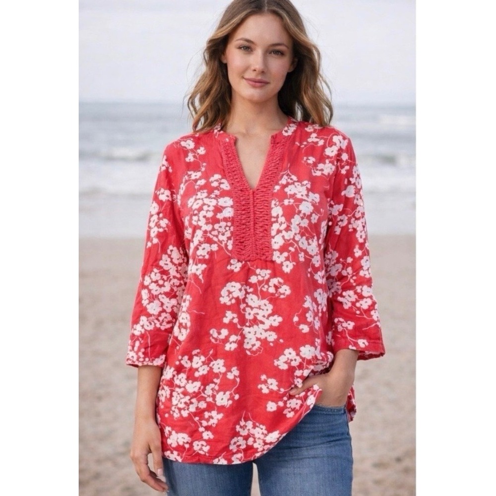 Boden Red White Floral 100% Linen Tunic Top V-Neck 3/4 Sleeve 4P WA410 Coastal